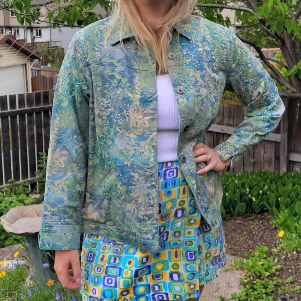 Tanjay Green and Blue Floral Tropical Graphic Print Denim Jacket - Picture 3 of 11